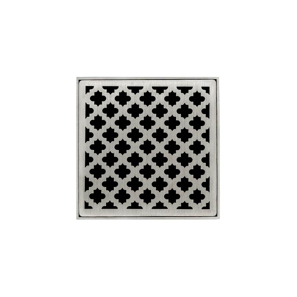 Infinity Drain 5'' x 5'' MD 5 Complete Kit with Moor Pattern Decorative Plate in Satin Stainless with PVC Drain Body, 2'' Outlet