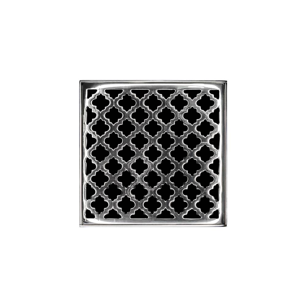 Infinity Drain 5'' x 5'' MDB 5 Complete Kit with Moor Pattern Decorative Plate in Polished Stainless with Stainless Steel Bonded Flange Drain Body, 2'' No Hub Outlet