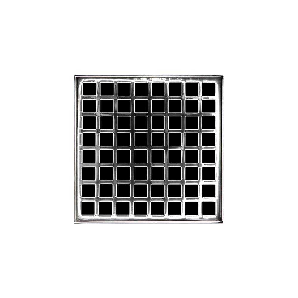 Infinity Drain 5'' x 5'' QD 5 High Flow Complete Kit with Squares Pattern Decorative Plate in Polished Stainless with Cast Iron Drain Body, 3'' No-Hub Outlet