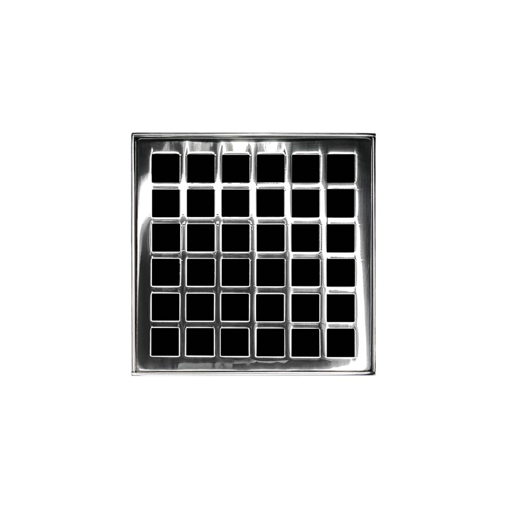 Infinity Drain 4'' x 4'' QDB 4 Complete Kit with Squares Pattern Decorative Plate in Polished Stainless with PVC Bonded Flange Drain Body, 2'', 3'' and 4'' Outlet