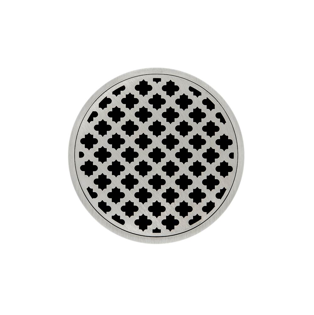 Infinity Drain 5'' Round Strainer with Moor Pattern Decorative Plate and 2'' Throat in Satin Stainless for RMD 5