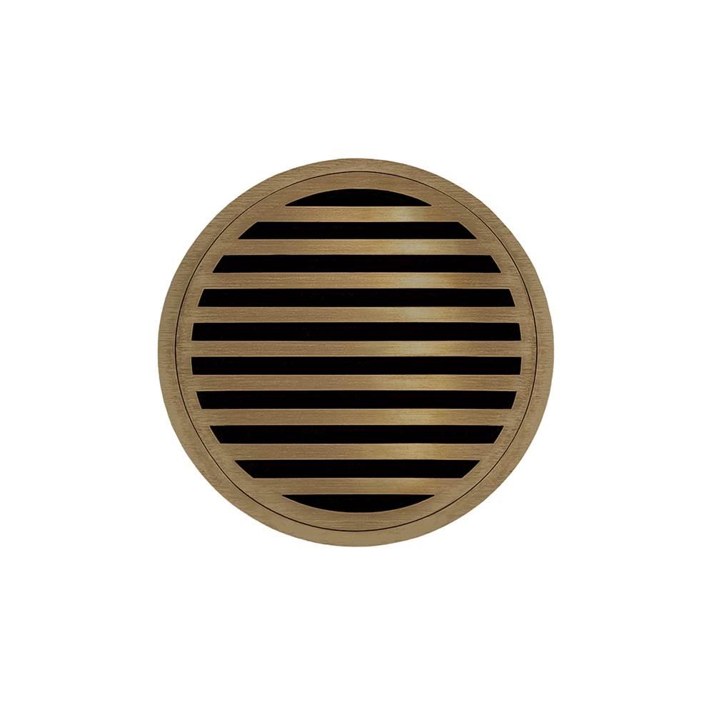 Infinity Drain 5'' Round RNDB 5 Complete Kit with Lines Pattern Decorative Plate in Satin Bronze with PVC Bonded Flange Drain Body, 2'', 3'' and 4'' Outlet