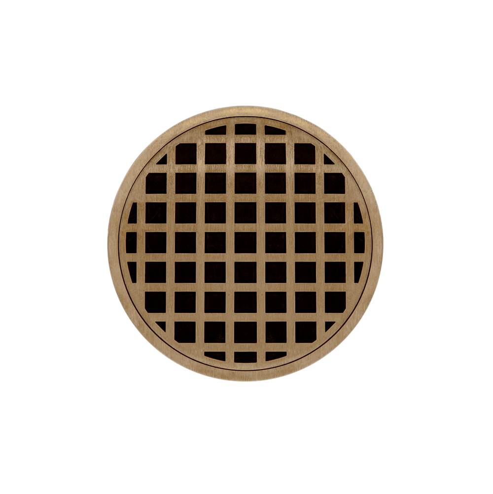 Infinity Drain 5'' Round RQD 5 Complete Kit with Squares Pattern Decorative Plate in Satin Bronze with Cast Iron Drain Body for Hot Mop, 2'' Outlet