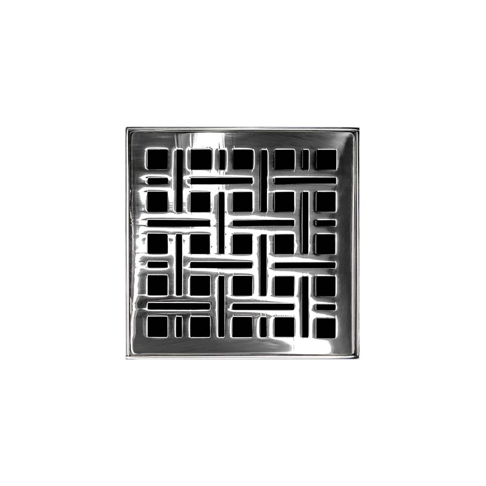 Infinity Drain 4'' x 4'' VDB 4 Complete Kit with Weave Pattern Decorative Plate in Polished Stainless with PVC Bonded Flange Drain Body, 2'', 3'' and 4'' Outlet